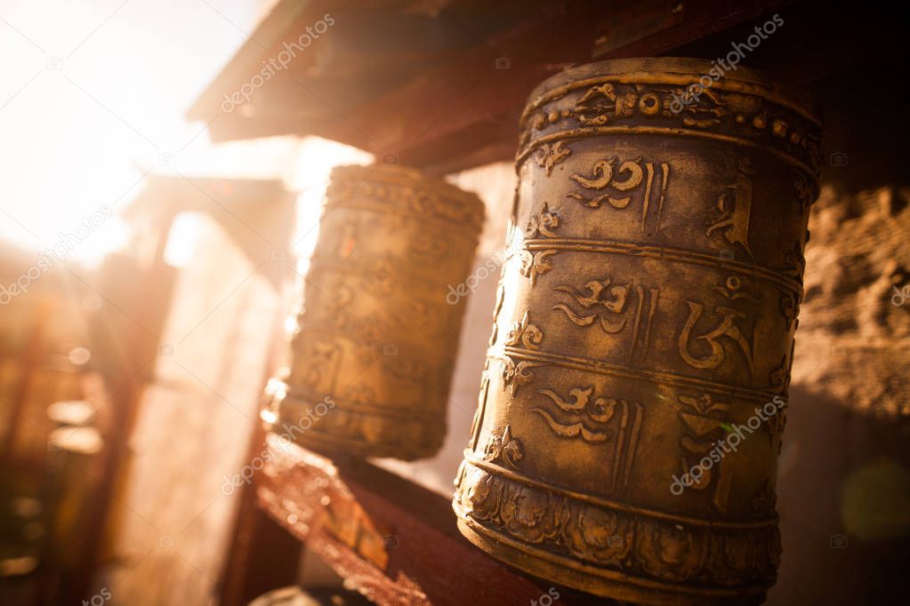 Spinning Buddhist prayer drums at a monastery in Mongolia.