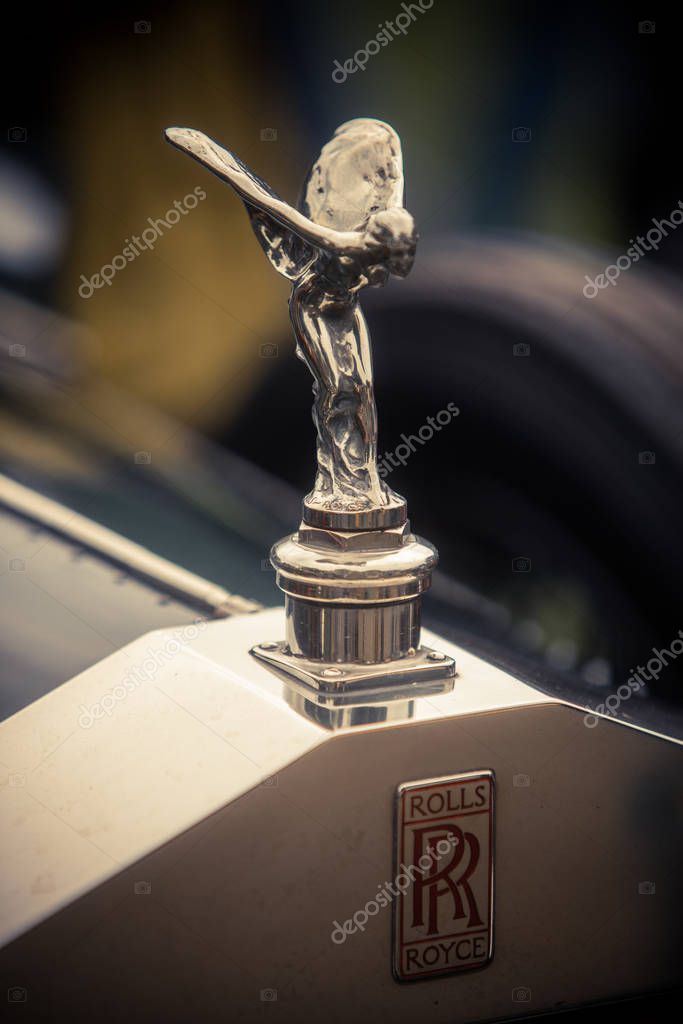 Mandello del Lario, Italy - May 26, 1019: Illustrative editorial close up shot of Spirit of Ecstasy of Rolls-Royce. Rolls-Royce is a British luxury automobile maker.