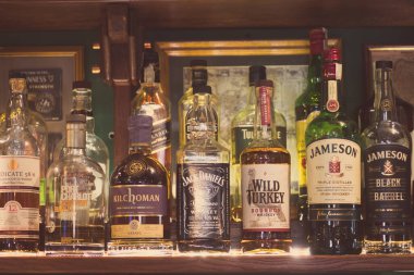 Bucharest Romania - January 27, 2020: Various bottles of alcohol are displayed in bar in Bucharest, Romania.