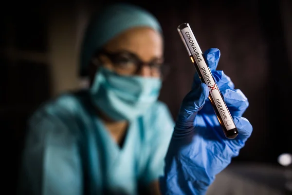 Conceptual Photograph Doctor Hands Holding Looking Test Tube While Positive — Stock Photo, Image
