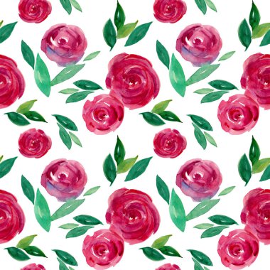 Çiçeksiz suluboya desen. Yapraklı kırmızı ve pembe suluboya güller. Beyaz arka planda el boyası, çiçekli kumaş. Islak teknikte soyut yuvarlak gül goncaları. Tekstil için tasarım.