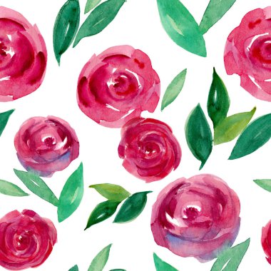 Çiçeksiz suluboya desen. Kırmızı ve pembe suluboya güller - çiçekler, dallar, yapraklar, tomurcuklar. Beyaz arka planda el boyası, çiçekli kumaş. Islak teknikte soyut gül goncaları.