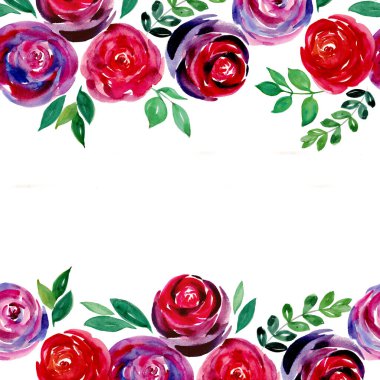 Yapraklı ıslak gül goncalarının el boyası. Tasarım doğum günü için bitki parçaları, tebrik kartları, düğün davetiyesi dekoru. Beyaz arkaplanda izole edilmiş suluboya çiçek çizimi.