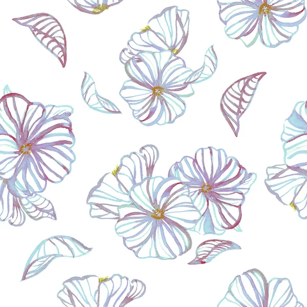 Floral watercolor seamless pattern. Modern hand drawn blue daisies and leaves in watercolor lines and silhouettes. Design for backgrounds, covers, cards and packaging.