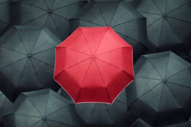 Birçok siyah şemsiye üzerinde kırmızı farklı şemsiye. İş liderlik kavramı.