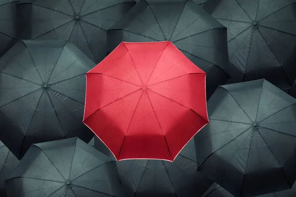 Paraguas rojo diferente sobre muchos paraguas negros. Concepto de liderazgo empresarial . —  Fotos de Stock