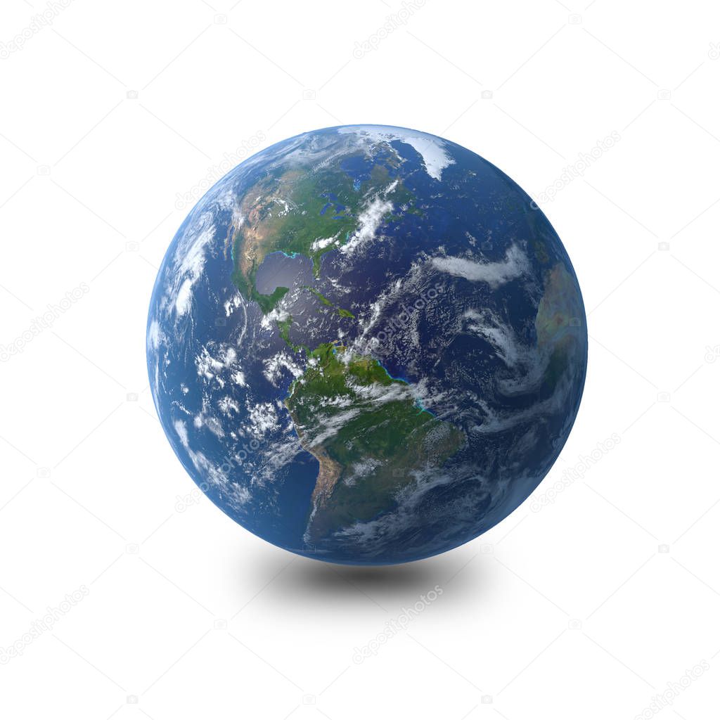Earth - America white isolated. Earth globe model, maps courtesy of NASA