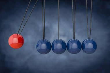 3d Newtons cradle. Red sphere hanging on threads hitting many blue ones. Leadership, power and uniqueness concept. clipart