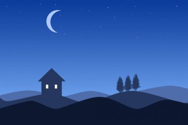 illlustration üç siluet evlerin gece mavi degrade gökyüzü ve ay altında çizgi film.