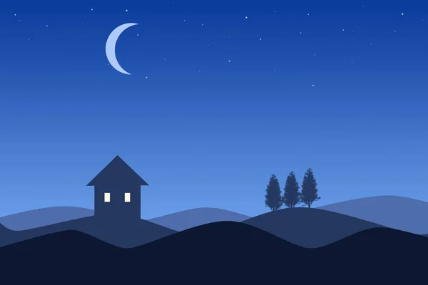 Rajzfilm illlustration három silhouette-ház alatt egy kék színátmenet ég és a Hold éjjel. — Stock Fotó