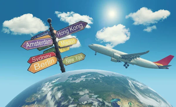 Directional Cities and airplane over the world — Stock Photo, Image