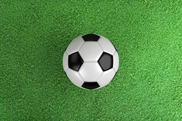 Fútbol de fútbol en el campo de hierba verde, Vista superior, 3d —  Fotos de Stock