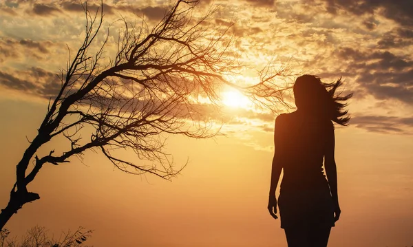 Silhouette de femme solitaire debout sous un arbre . — Photo