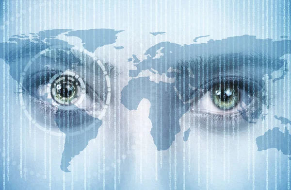 Eye of young women with technology and earth map — Stock Photo, Image