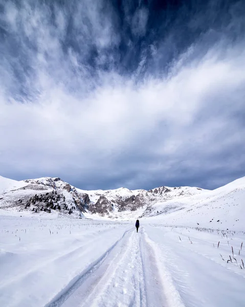Person, die auf einer verschneiten Winterstraße durch ein Feld in einer malerischen Landschaft geht, die an die Jahreszeiten erinnert — Stockfoto