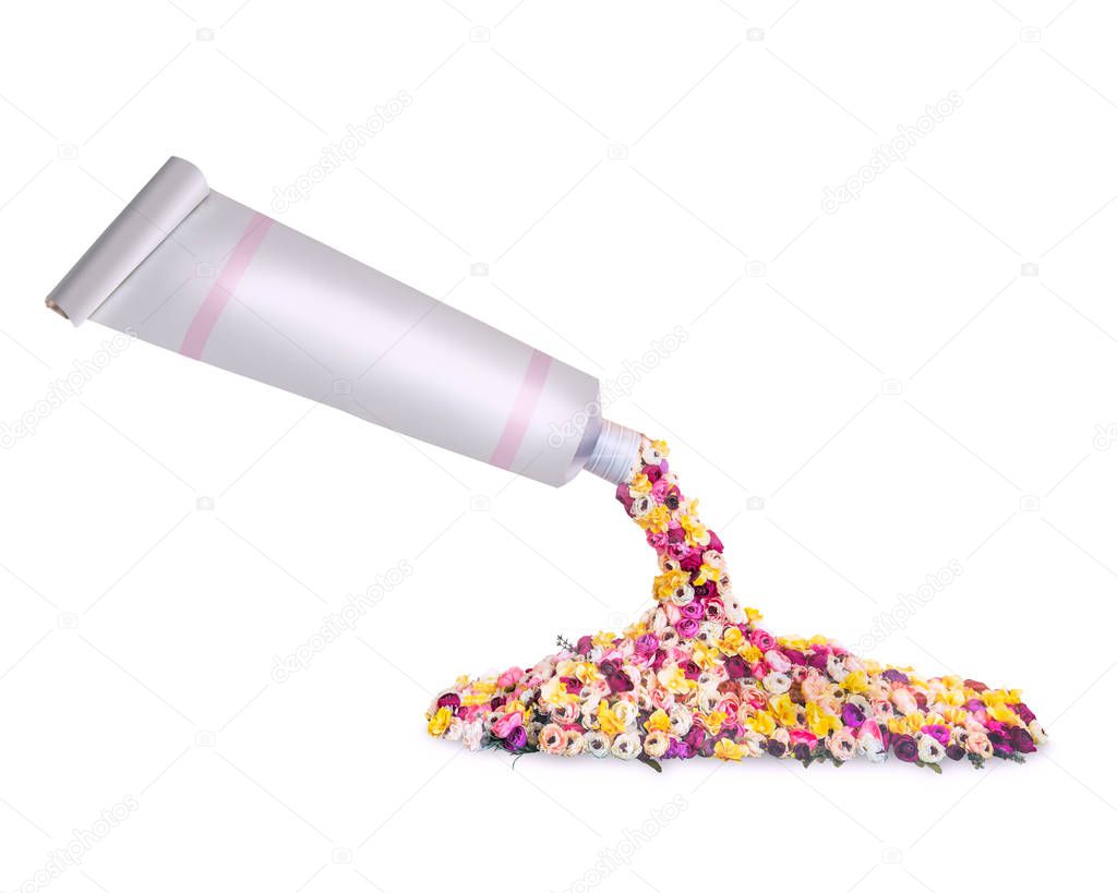 Plastic tube with colorful flowers Mock-Up isolated on white background.