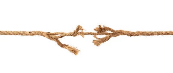 Long, old frayed rope is breaking off. Isolated on white. — Stock Photo, Image