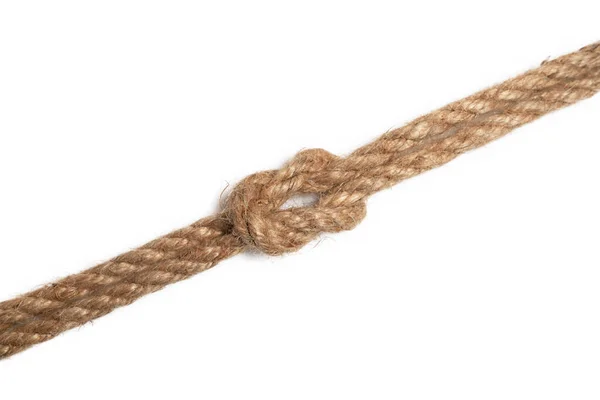 Brun jute rep med knut isolerad på vit bakgrund. — Stockfoto