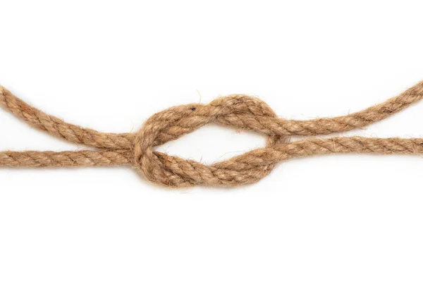 Brun jute rep med knut isolerad på vit bakgrund. — Stockfoto