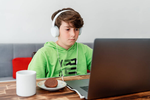 Мальчик учится перед ноутбуком. Электронное обучение, обучение дома онлайн
.