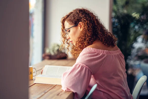 Joven mujer pelirroja con gafas está sentado y leyendo un libro —  Fotos de Stock