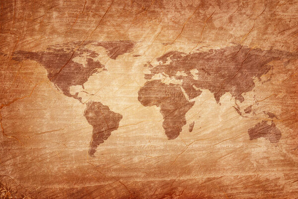 Old map of the world on a old wooden parchment background. Vintage style. Elements of this Image Furnished by NASA