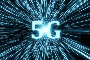 5G beşinci nesil iletişim teknolojisinin dijital mavi ve siyah arkaplan üzerine 3 boyutlu tanıtımı.
