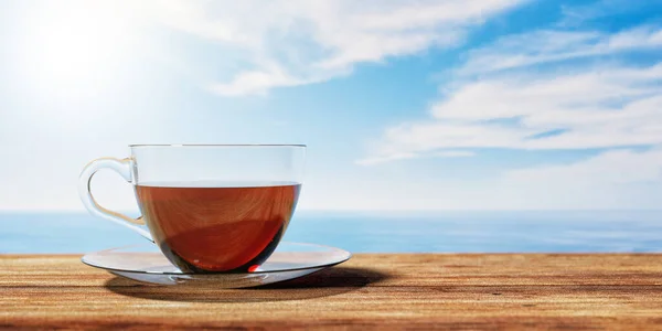 3D-Illustration einer Tasse Tee auf einem braunen Holztisch mit bewölktem Himmel und Meereshintergrund. Texturierte Tapeten. — Stockfoto
