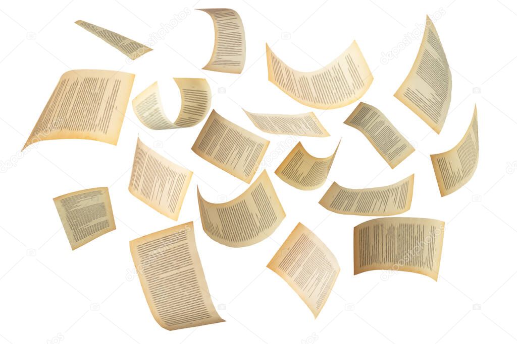Many flying pages isolated on white background. Abstract and creative shot for editing photos. 