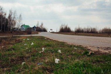 Yol kenarındaki çimlere saçılmış çöpler.