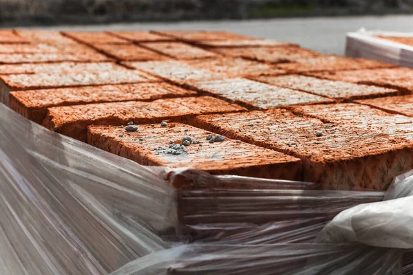 Un montón de ladrillos rojos en una paleta Fotos De Stock