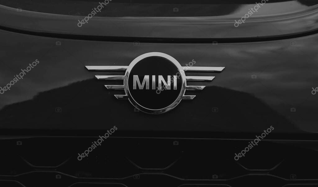 Moscow Russia 20 2020 2020: black and whit Mini Cooper car logo.