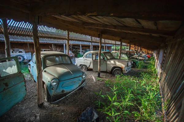 Cmentarz starych opuszczonych radzieckich samochodów. na opuszczonym parkingu — Zdjęcie stockowe