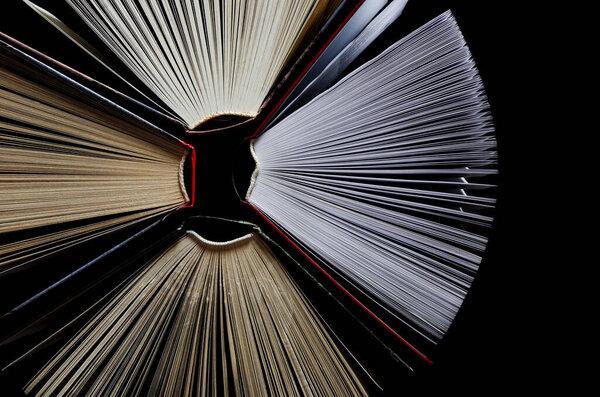 Colorful books open fan for reading stand on a black background