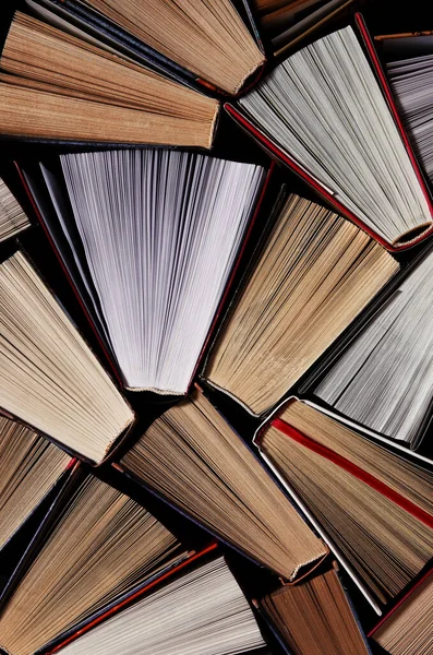 Kitaplar. Birçok renkli, kalın, açık kitap karanlık bir arka planda duruyor.