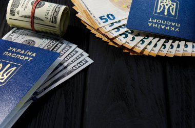 Hangi elli lik faturaları Ukrayna, bir vatandaş biyometrik pasaport yanındaki eski yüz dolarlık banknot kırmızı bir lastik bant ile bağlı kalın bir rulo yatıyor