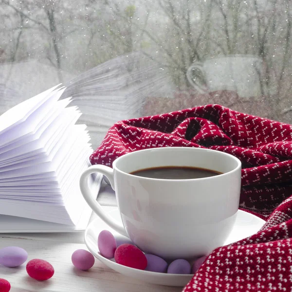 Sıcak ev hala hayat: bir fincan sıcak kahve ve dışarıdaki kar manzarasına karşı pencerenin kenarında sıcak ekoseli kitap açıldı