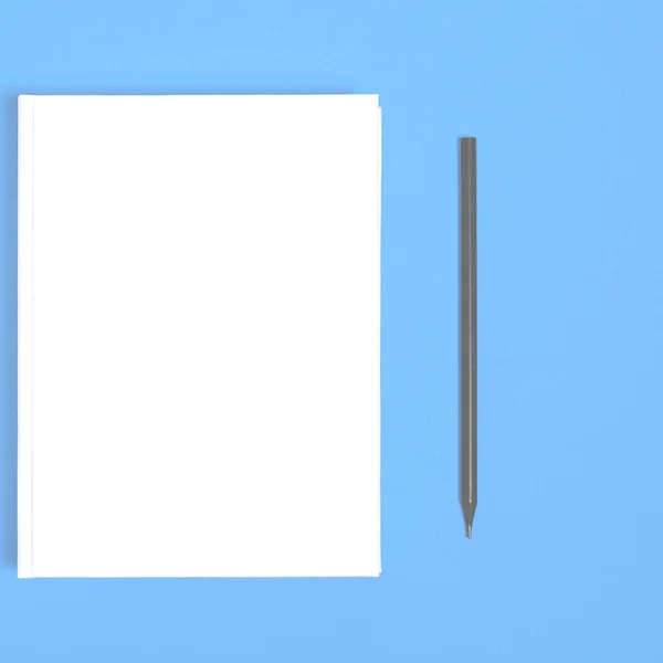 Makieta zamkniętej pustej książki kwadratowej i czarny ołówek na kolorowe teksturowane tło papieru — Zdjęcie stockowe