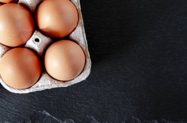Çevre dostu karton yumurta tepsisinin içinde büyük kahverengi tavuk yumurtaları var.