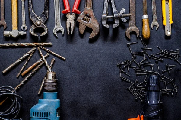 Hand Tools Repair Reconstruction Home Conditions Lie Black Background Copy — Stock Photo, Image