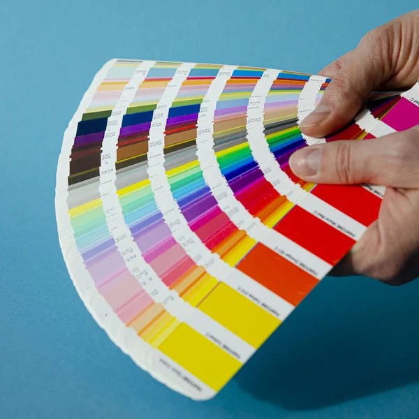 Tavolozza Dei Colori Multicolore Set Fisso Colori Nelle Mani Uomo — Foto Stock