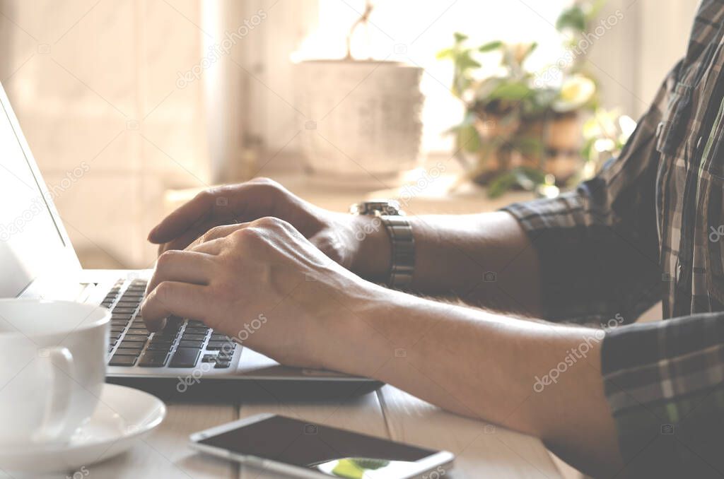 Home office workplace. Businessman working on Desk at home office business