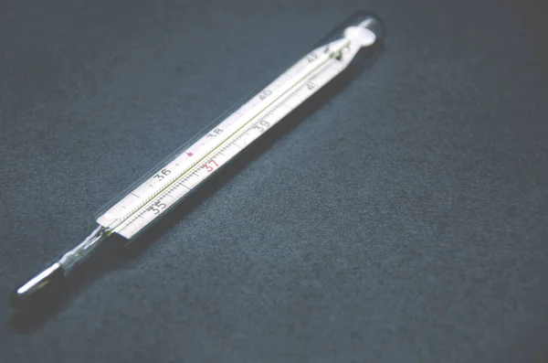 Mercury Thermometer Measure Body Temperature Rests Black Background Close — Stock Photo, Image