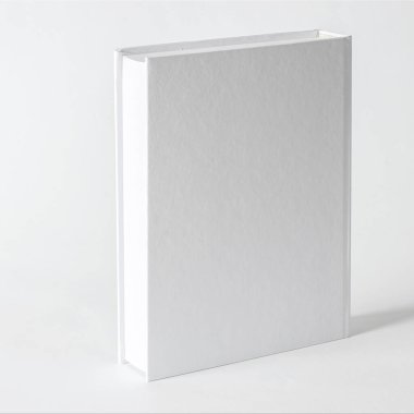 Mockup of closed blank square book at white textured paper background. Blank square cover book template on white background