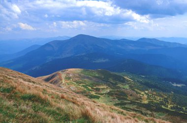 Dağ tepelerini fethetmek. Karpat Dağları 'nın dağ çitlerinde yürüyüş. Turizm