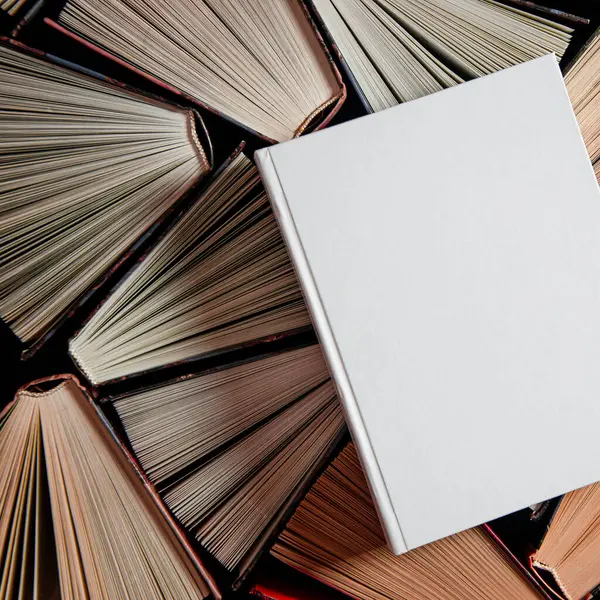 White book in white cover with a place for text lies on multicolored old open books. Top view