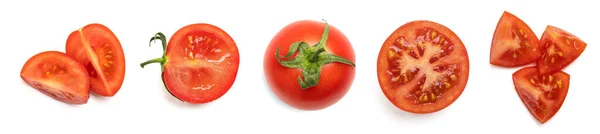 一套新鲜的整体和切片的西红柿在白色背景下隔离 顶部视图 — 图库照片