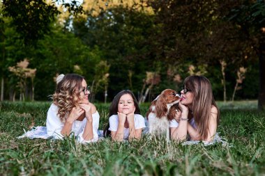 İki genç sarışın kadın ve beyaz tişörtler giyen esmer bir kız parkta yeşil çimenlerin üzerinde Meksika battaniyesine uzanmış, süvari kral Charles Spanel ile oynuyor, gülümsüyor, gülüyor. Boş zaman..