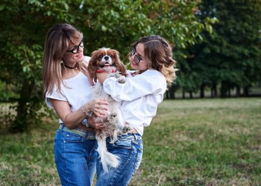 İki genç sarışın kadın, beyaz tişörtler giyiyorlar, yazın parkta küçük beyaz ve kahverengi bir köpek tutuyorlar, gülümsüyorlar. Şövalye Kral Charles Spaniel sahipleriyle yürüyüşe çıktı..