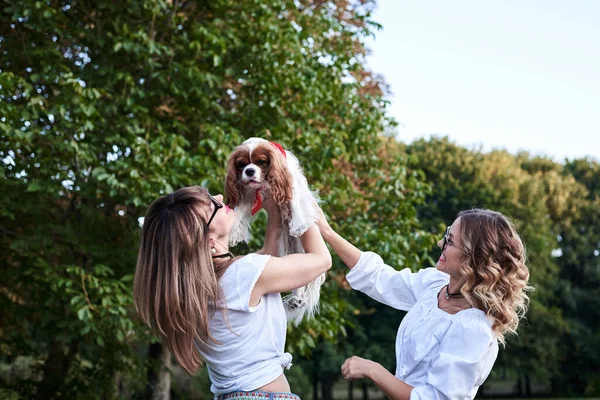 Dos Mujeres Rubias Jóvenes Con Camisetas Blancas Sosteniendo Pequeño Perro —  Fotos de Stock
